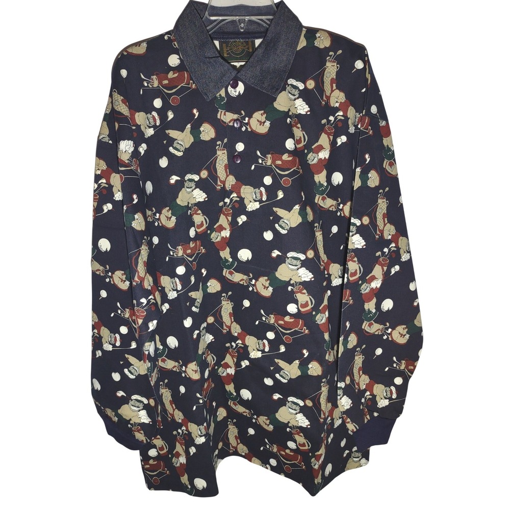 Focus Paris Mens Vintage Golf Novelty Print‎ Long Sleeve Polo Shirt Navy Blue XL